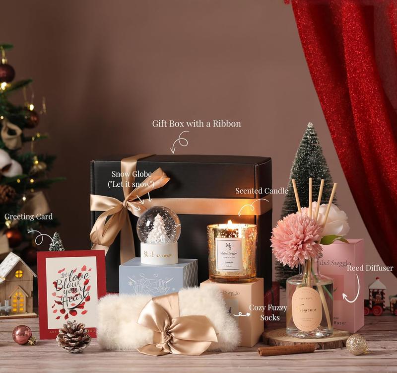 Christmas Gifts for Women Mom and Best Friends - Includes Scented Candle, Reed Diffuser, Fuzzy Socks, Snow Globe, Flowers & More