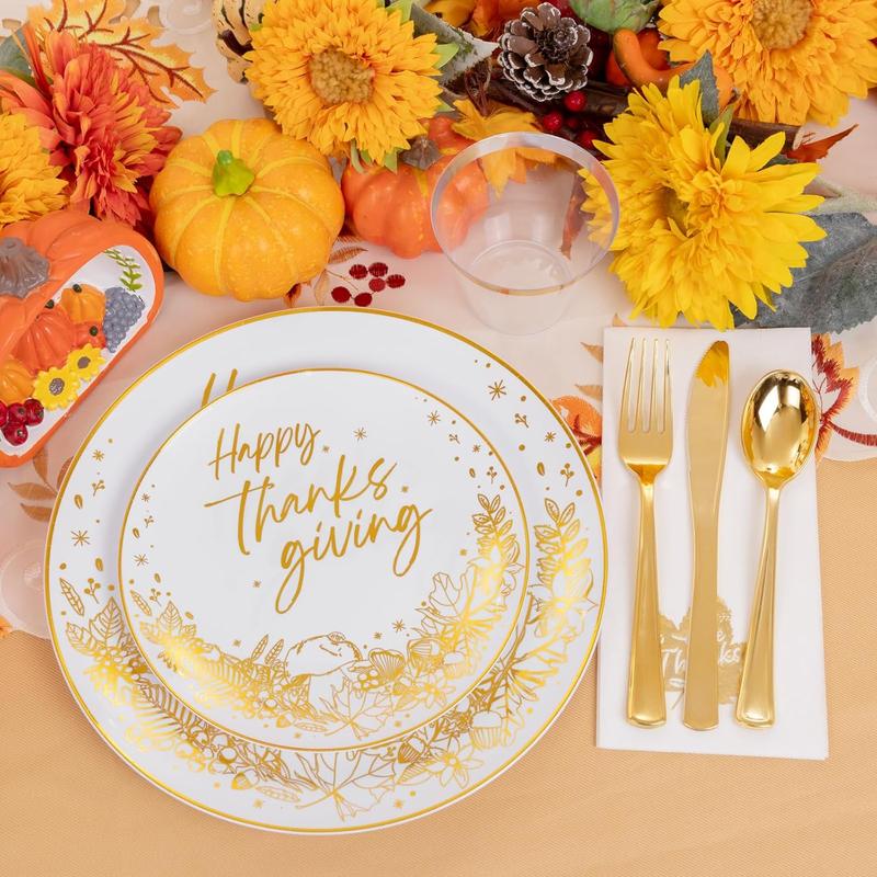 Nervure 175 Pcs Thanksgiving Plastic Plates - White and Gold Plates Disposable Includes 25 Dinner Plates,25 Dessert Plates, 25 Knives, 25 Forks, 25 Spoons, 25 Cups, 25 Napkins Perfect for Party