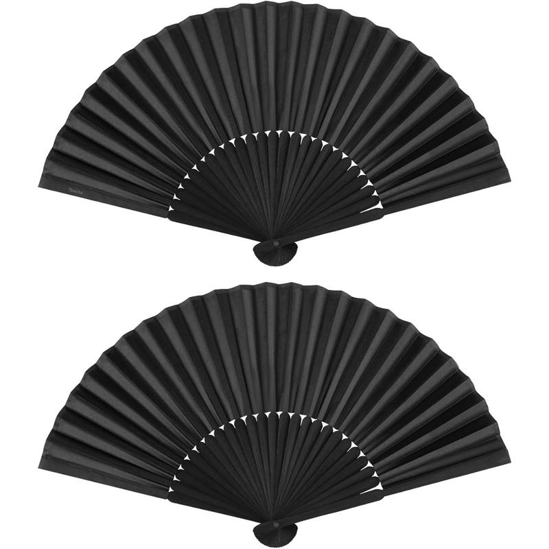 2 Pack Bamboo Silk Folding Fan Handheld,Vintage Retro Fabric Fans, Black Hand Fan for Performance, Dance, Fighting, Wedding,Party & Gift