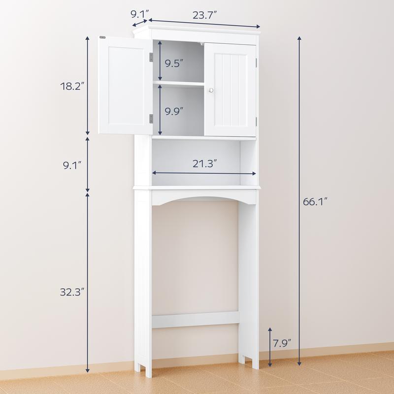 Over The Toilet Storage Cabinet with Adjustable Shelf and Double Doors, Bathroom Space Saver Organizer Above Toilet with Open Shelf, Taller Wooden Free Standing Toilet Rack -White bathroom cabinet