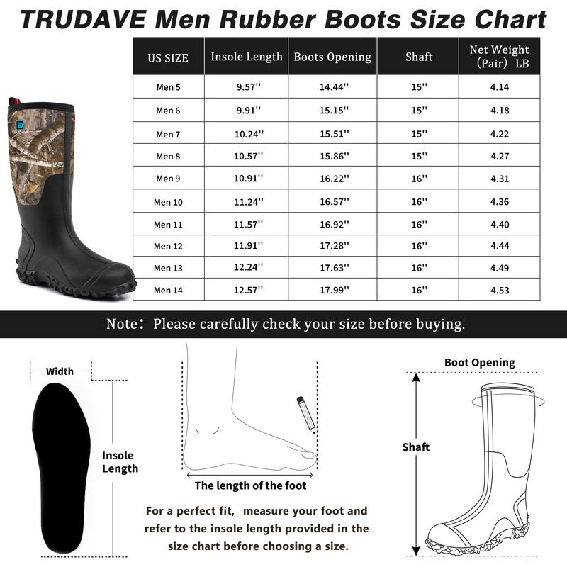 Trudave Rubber Boots for Men with Steel Shank, Waterproof Rain Boots for work, 6mm Neoprene Anti-slip Mud Boots,Size 5-14 Comfortable Industrial Shoe