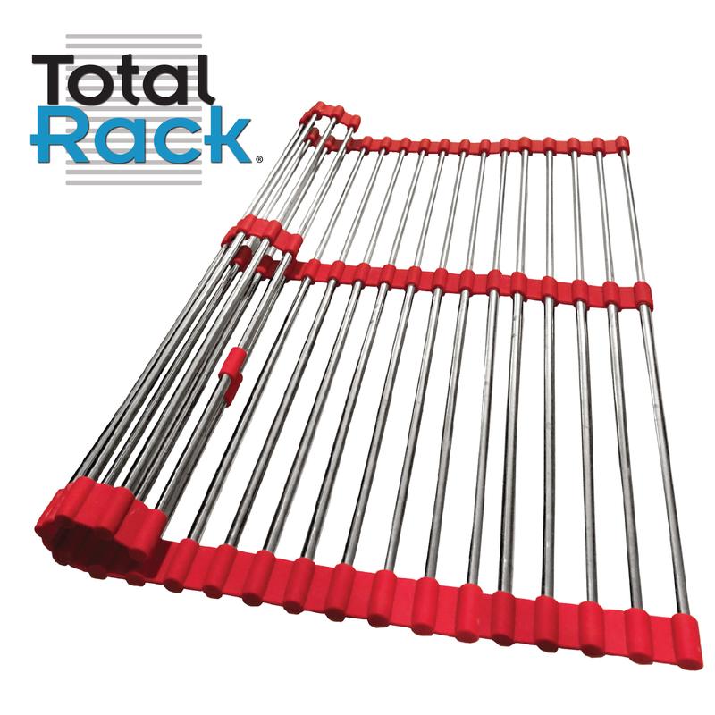 Total Rack 9-in-1 Organizer Expands 11” to 21”. Over-the-Sink Drying Rack and Trivet. Oven-Safe for Crisping, Nonslip Silicone, Stainless-Steel. Great kitchen Tool. Also great for drying in Laundry room.