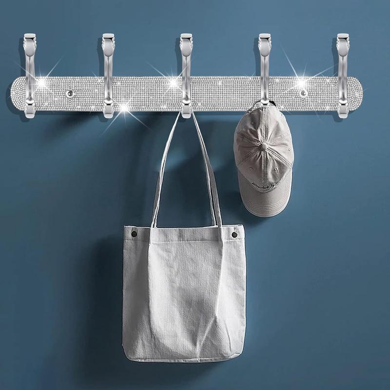 Coat Rack Mount, Shiny Silver Rhinestones Wall Mounted 5 Hooks Key Hooks Decorative Organiser Laundry Stainless Hangable