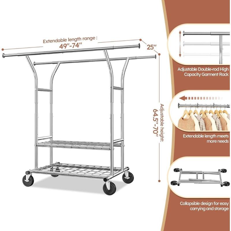 Clothes Rack Heavy Duty Clothing Rack with Wheels Load 630lbs Clothing Racks for Hanging Clothes Rolling Clothes Rack Adjustable Garment Rack Commercial Portable Clothes Rack 74