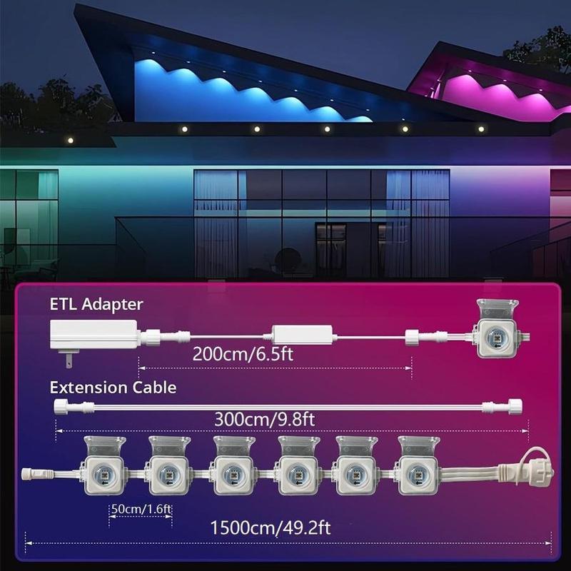 Christmas 2024 ornament 50FT 100FT Permanent Led lights house DIY Outdoor Light, 1 Count APP Voice Remote Controlled RGBIC Smart Eaves Light, Roofs for Christmas,  IP67 Waterproof RGB Smart Outdoor  smart led outdoor lights Decoration