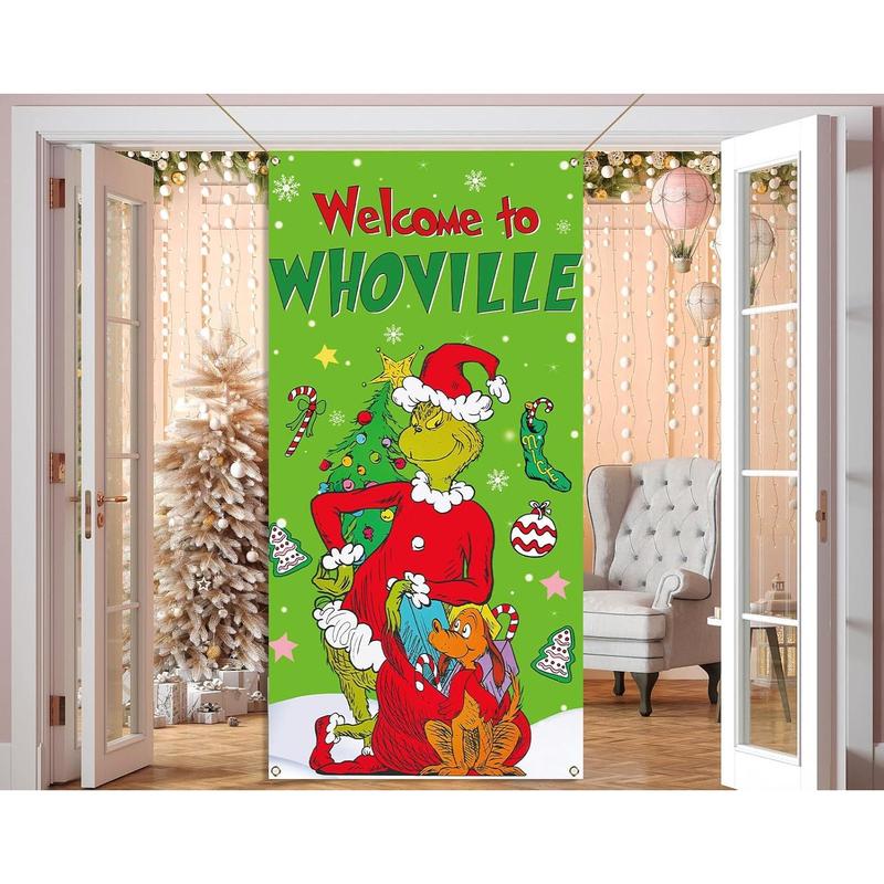 Welcome to Whoville Christmas Door Cover Green  Xmas Winter Holiday Party Decoration Backdrop Door Hanging Banner (Green-B)