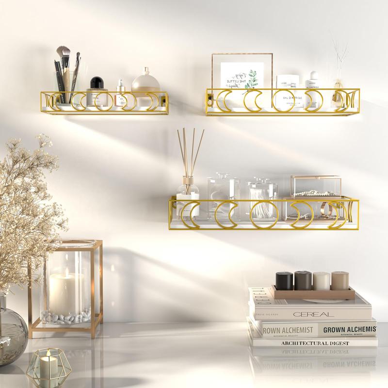 Moon Phase Floating Shelf Gold, Set of 3 Small Shelves for Crystal Display, Bedroom Living Room Wall Shelves for Storage Plant Book, White Board