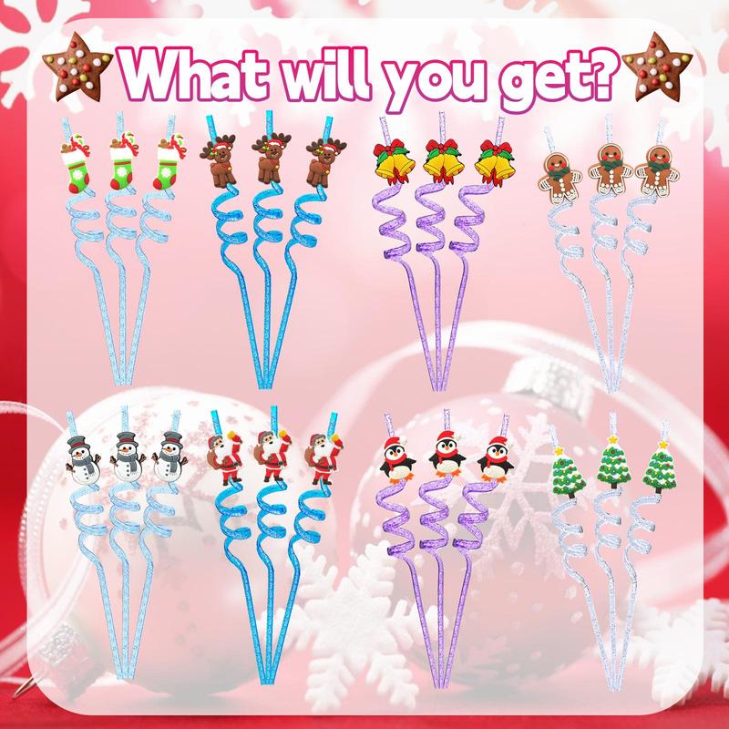 Glitter Christmas Themed Straws, 24pcs set 8 Styles Reusable Christmas Party Decoration Straws, Festive & Party Supplies for Home Party