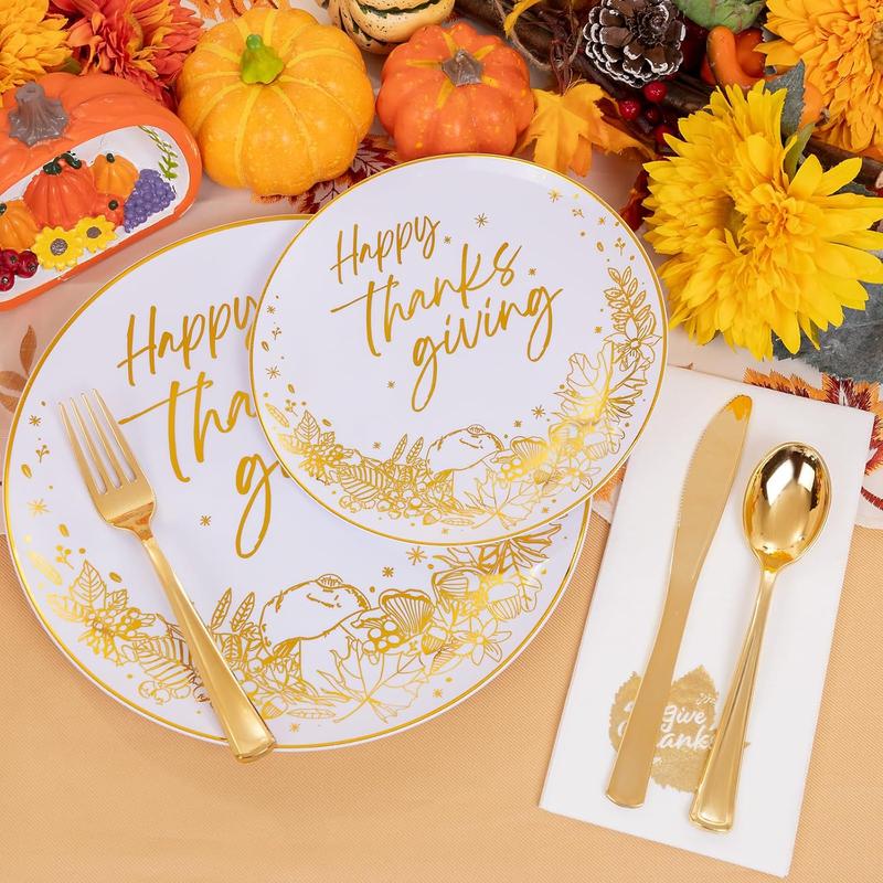 Nervure 175 Pcs Thanksgiving Plastic Plates - White and Gold Plates Disposable Includes 25 Dinner Plates,25 Dessert Plates, 25 Knives, 25 Forks, 25 Spoons, 25 Cups, 25 Napkins Perfect for Party