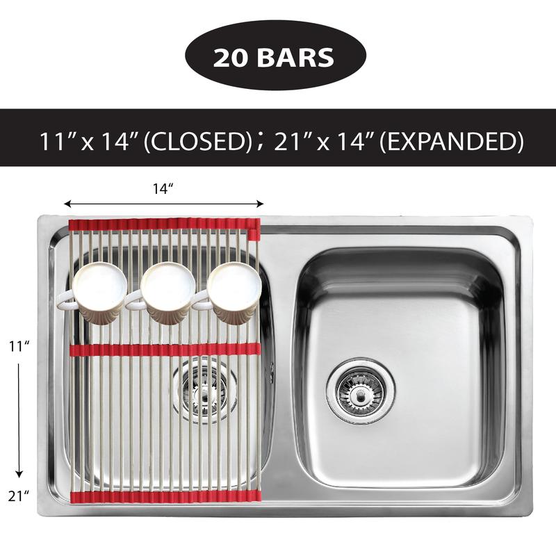 Total Rack 9-in-1 Organizer Expands 11” to 21”. Over-the-Sink Drying Rack and Trivet. Oven-Safe for Crisping, Nonslip Silicone, Stainless-Steel. Great kitchen Tool. Also great for drying in Laundry room.