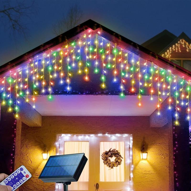 304 LED Solar Christmas Lights, Multicolored Outdoor Icicle Lights, 8 Modes Waterproof Solar Powered String Lights for Xmas Tree Patio Yard Garden Wedding Party House Eaves Roof Decorations Halloween Set Ornaments