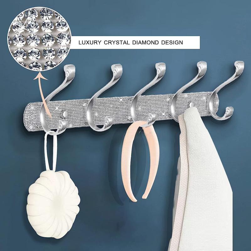 Coat Rack Mount, Shiny Silver Rhinestones Wall Mounted 5 Hooks Key Hooks Decorative Organiser Laundry Stainless Hangable