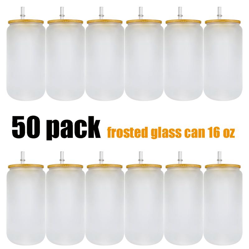 50pack sold by case,Clear and frosted blank sublimation 16oz can with bamboo lid and straw glass can for UV DTF wraps drinking glass Drinkware Plastic