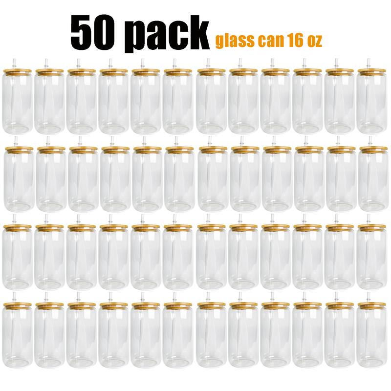 50pack sold by case,Clear and frosted blank sublimation 16oz can with bamboo lid and straw glass can for UV DTF wraps drinking glass Drinkware Plastic