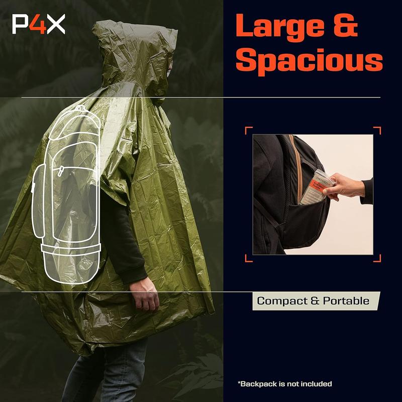 PREPARED4X Emergency Rain Poncho with Mylar Blanket Liner - Survival Blankets for Car - Heavy Duty, Waterproof Camping Gear