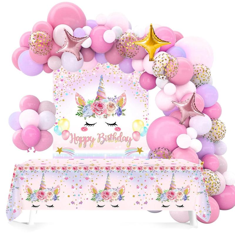 Unicorn Theme Balloon Arch Kit, 81pcs set Colorful Lovely Balloon Garland Arch & Tablecloth & Backdrop Kit, Party Supplies for Birthday Graduation Baby Shower