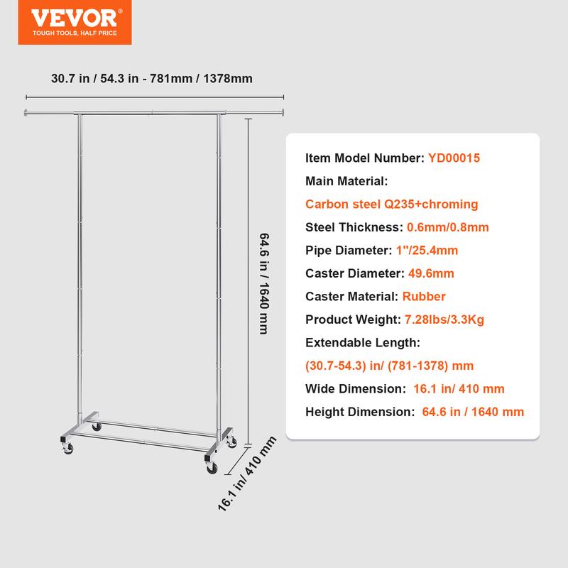 VEVOR Clothes Rack with Wheels, Heavy Duty Clothing Garment Rack with Hanging Rod and Bottom Storage Area, Adjustable Length Clothing Rack, 2 Lockable Wheels Accessories Laundry