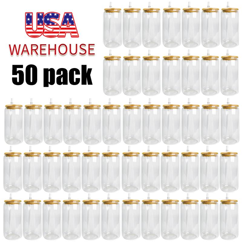 50pack sold by case,Clear and frosted blank sublimation 16oz can with bamboo lid and straw glass can for UV DTF wraps drinking glass Drinkware Plastic