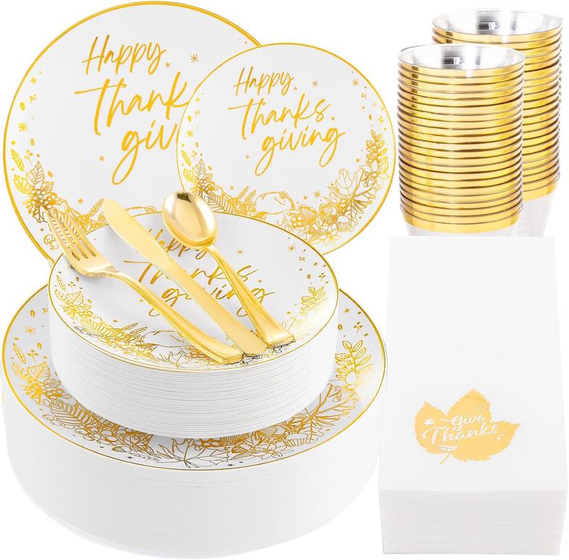 Nervure 175 Pcs Thanksgiving Plastic Plates - White and Gold Plates Disposable Includes 25 Dinner Plates,25 Dessert Plates, 25 Knives, 25 Forks, 25 Spoons, 25 Cups, 25 Napkins Perfect for Party