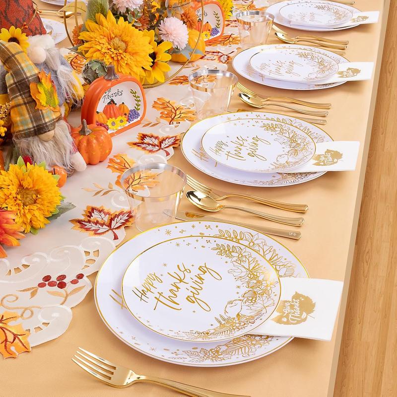 Nervure 175 Pcs Thanksgiving Plastic Plates - White and Gold Plates Disposable Includes 25 Dinner Plates,25 Dessert Plates, 25 Knives, 25 Forks, 25 Spoons, 25 Cups, 25 Napkins Perfect for Party