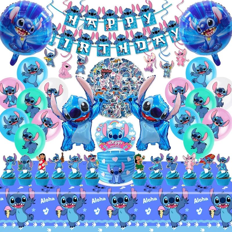 Stitch Party Supplies, 103 count Birthday Decorations Set Include Banner, Balloons, Stickers, Hanging Swirls, Cake Cupcake Toppers, Tablecloth for Boys Girls Stitch Theme Party