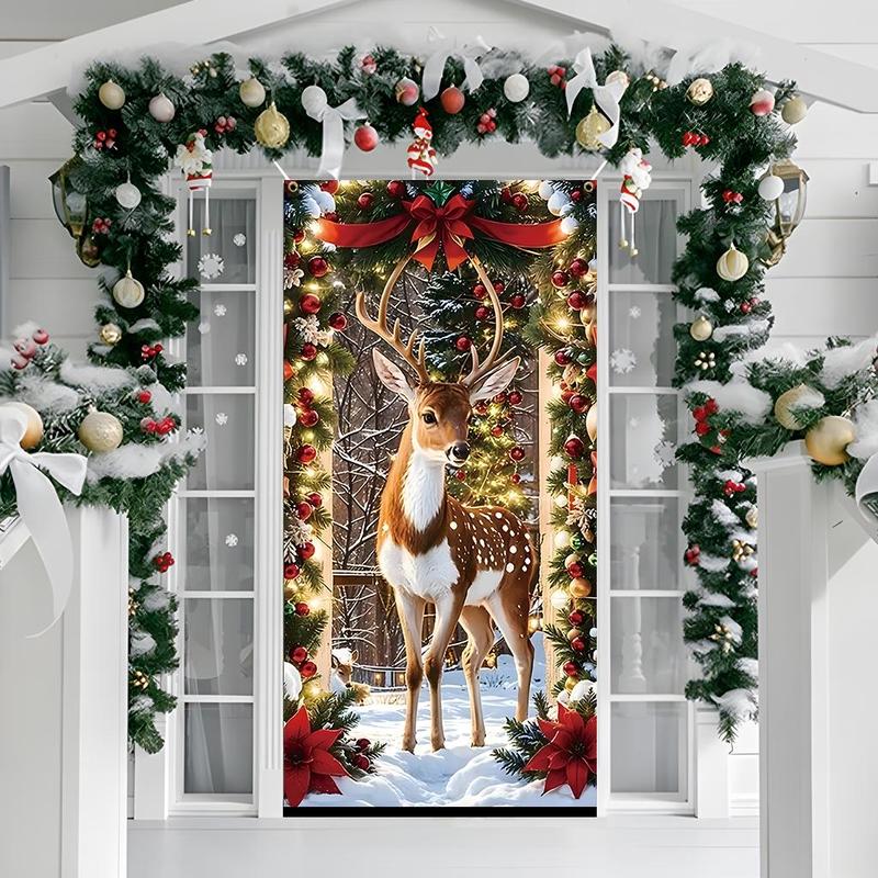 Christmas Themed Door Banner, 1 Count Reindeer & Christmas Tree Pattern Door Hanging Banner, Festive Backdrop for Home Living Room Bedroom Decor