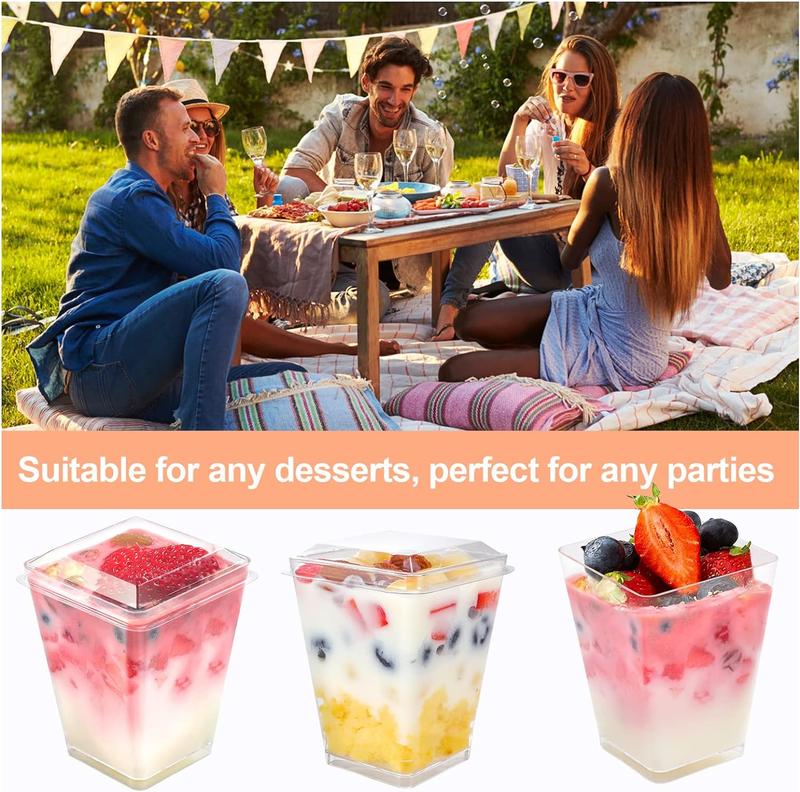 100 Pack 5oz Dessert Cups with Lids & Spoons Reusable Square Plastic Parfait Cups for Mousse Tiramisu Pudding Salads, Appetizers & Desserts Disposable