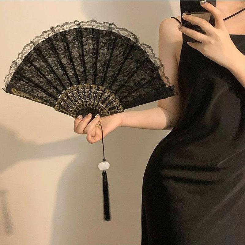 Chinese Style Floral Embroidered Lace Hand Fan, 1 Count Tassel Decor Handheld Fan for Summer, Home Decor Supplies