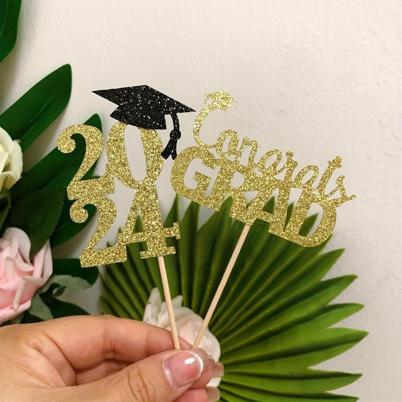 2024 Graduation Cake Topper, 12pcs set Glitter Paper Cupcake Topper, Cake Decoration for 2024 Graduation Party