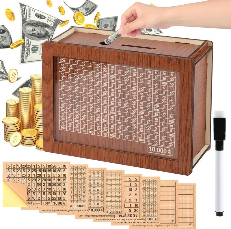 Cash Money Saving Box with Numbers - Wooden Savings Challenges Storage Case(10000 USD) Decor Gift Piggy Jar cash saving