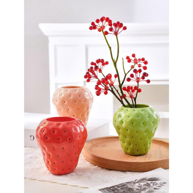 1pc Mini Adorable Strawberry Shaped Vase, Three Colors (red, Pink, Green) Optional, Hand-painted Decorative Resin Vase For Home, Restaurant Table Decoration And Hydroponic Plants