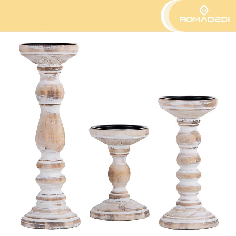 Candle Holder for Pillar Candles: Nuptio Set of 3 Decorative Wood Candlestick Holders, Rustic Wooden Candle Stand for Fireplace Mantle End Table Shelf in Farmhouse Style, Whitewashed 6”, 8.3”, 12”