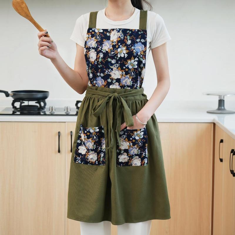 Vintage apron with pockets, cute floral chef apron, suitable for kitchen cooking baking gardening