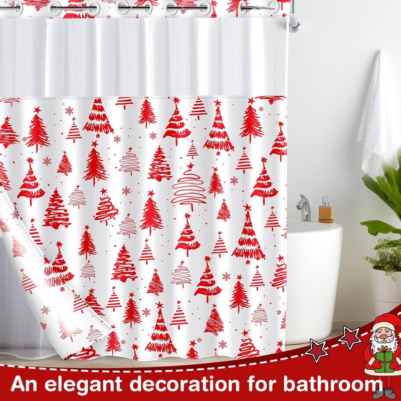 No Hook Christmas Shower Curtain, Double Layer Christmas Tree Shower Curtain with Snap in Liner Red White Christmas Tree Shower Curtain for Bathroom Hotel Decor, 71