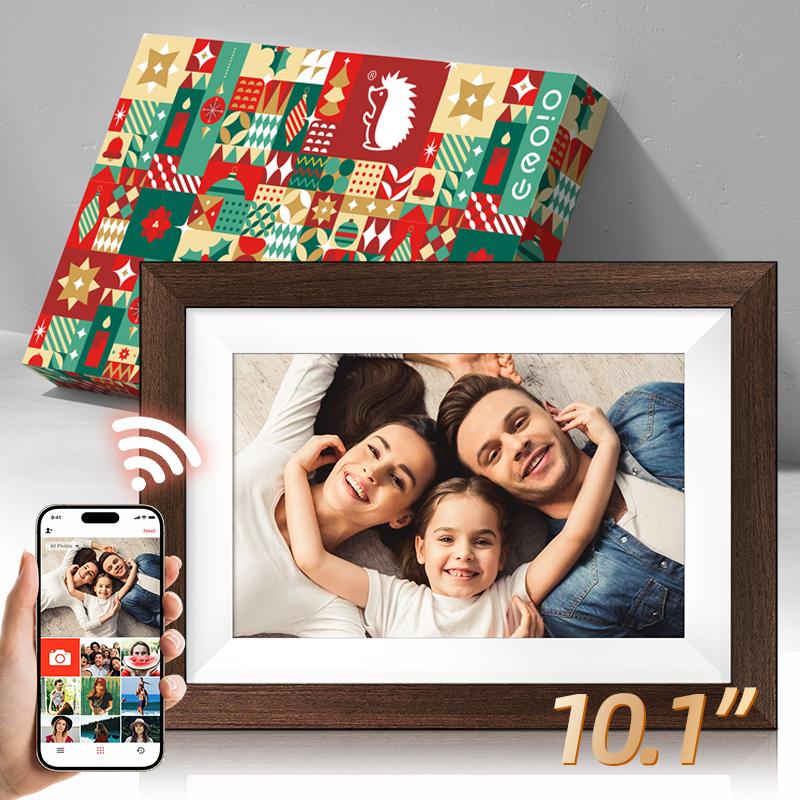 Ekoio Gift idea 10.1 inch Digital photo Frame WiFi Smart Digital Photo Frame Wood IPS HD 1280 * 800 1080P Touch Screen Auto-Rotate Easy Setup to use Free Share Photos and Videos