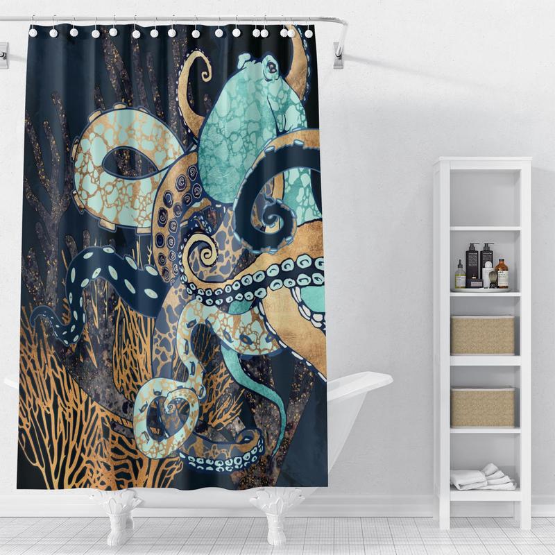 Octopus Pattern Shower Curtain, 1 Count Waterproof Bathroom Curtain with 12pcs Hooks, Bathroom Decor Supplies for Home Hotel Salon