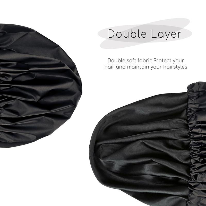 Shower Caps, Silk Lined Shower Cap for Women,Reusable,Adjustable Size, Washable & ,Large Satin Shower Cap-Black