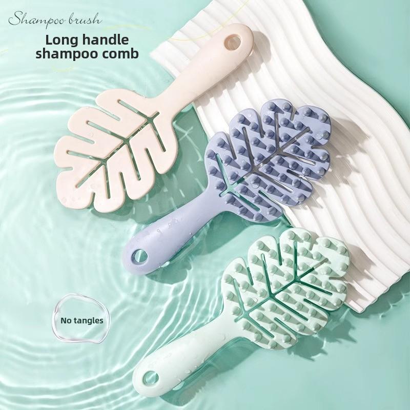 Leaf-shaped Hollow Long-handled Shampoo Brush, Made of Silicone, Suitable for Both Wet and Dry Use, Gentle on Scalp, with Functions of Massage, Cleaning and Relieving Itch.