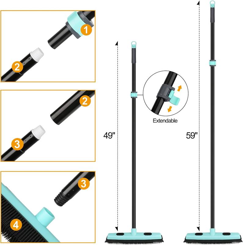 Rubber Broom Carpet Rake for Pet Hair Removal, Fur Remover Broom with 59