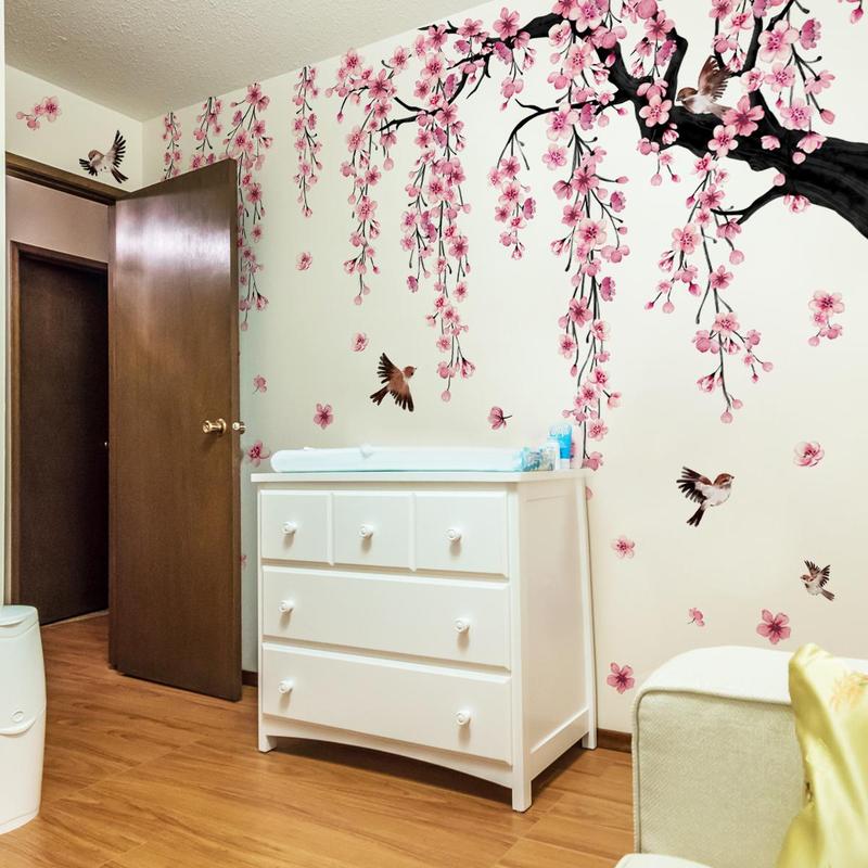 Peach Blossom Tree & Bird Pattern Wall Sticker, 4 Sheets set Self Adhesive Wall Decal, Decorative Sticker for Home Living Room Bedroom