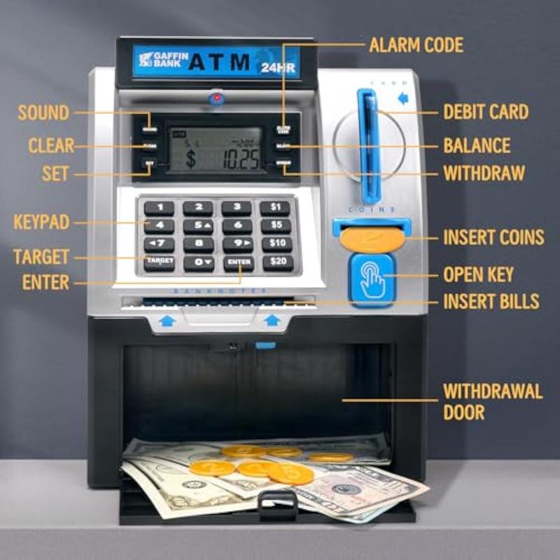 ATM Piggy Bank for Real Money, Digital Electronic Saving Safe Machine Box with Debit Card, Bill Feeder, Coin Recognition, Balance Calculator, Password Lock Case, Gift for Kids Boys Girls