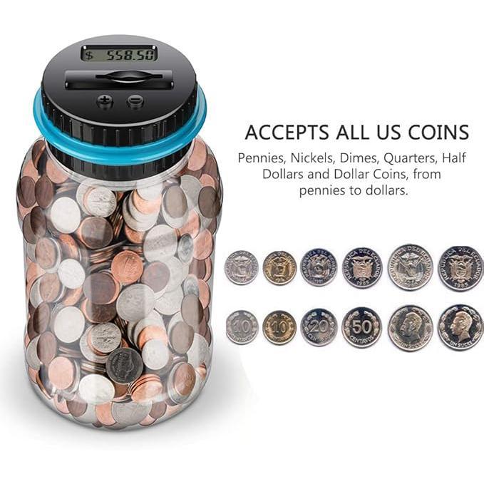 1.8L Large Capacity Coin Bank for Saving Money Digital Coin Jar, Piggy Bank for Kids - with Change Counter for Counting Savings, Room Decor Ornaments