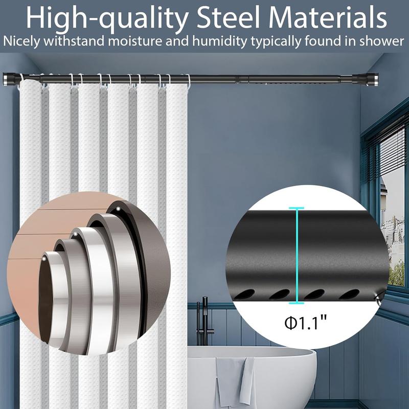 Black Shower Curtain Rod, 48-96 inch Extra Long Heavy Duty Bathroom Spring Tension Curtain Rod, Adjustable Tension Rod with Shower Rod Holder for Closet Rods Windows No Drilling