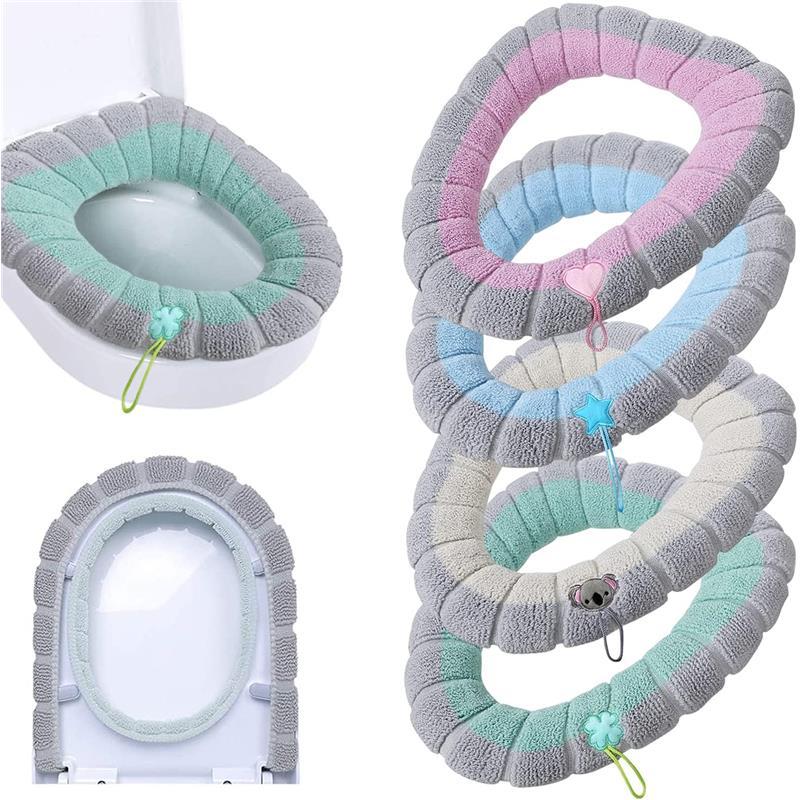 4 Pieces Toilet Cover Toilet Seat Cover Pads with Handle Toilet Lid Cover Cushion Thicker Bathroom Soft Toilet Seat Cover Soft Thicker Stretchable Washable Fits All Oval Toilet Seats Set Set