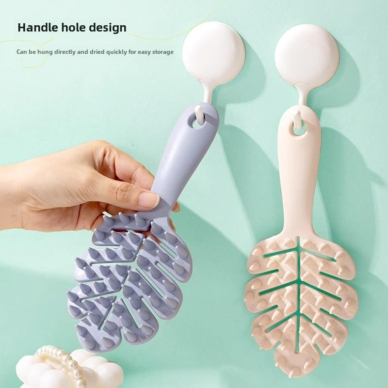 Leaf-shaped Hollow Long-handled Shampoo Brush, Made of Silicone, Suitable for Both Wet and Dry Use, Gentle on Scalp, with Functions of Massage, Cleaning and Relieving Itch.