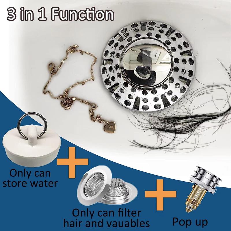 Bathroom Sink Drain Stopper, 3-in-1 Pop Up Tub Drain Hair Catcher, Drain Cover with Strainer for 1-3 8 To 2in Bath Drain Hole