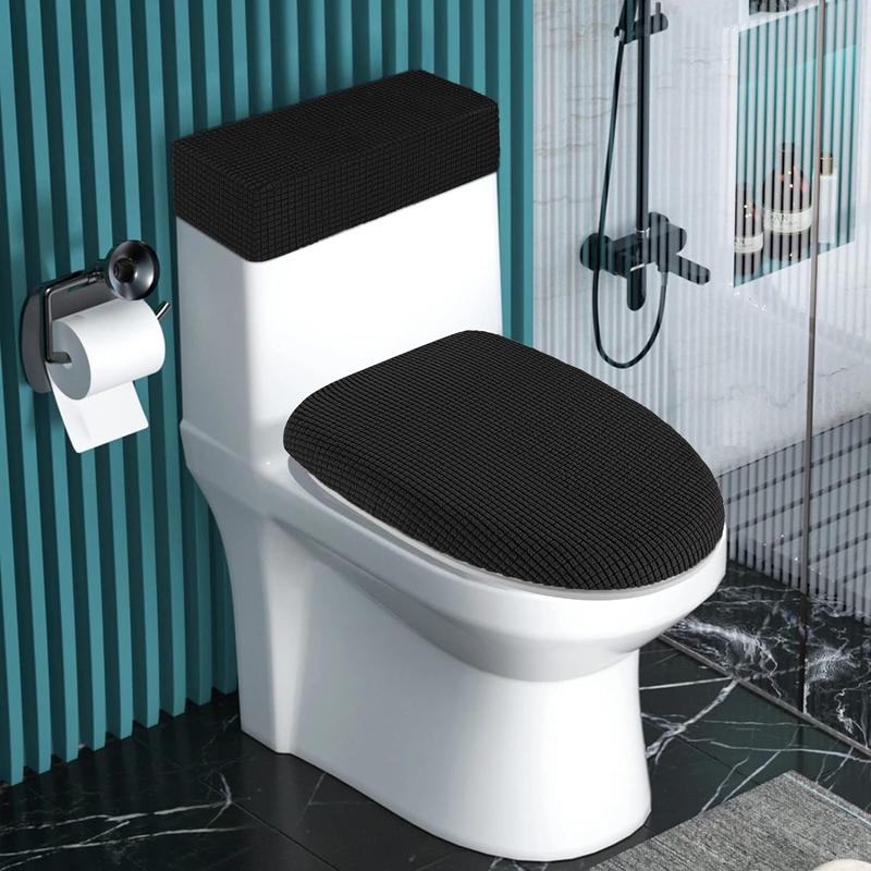 Toilet Lid Cover and Toilet Tank Cover Stretch Toilet Covers Set for Bathroom, Polyester Spandex Jacquard Fabric, Machine Washable, with Elastic Bottom, Black Seat