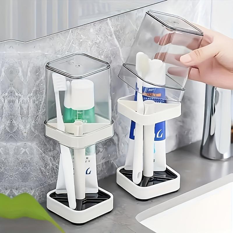 Toothbrush Holder With Gargle Cup, Couple Toothbrush Storage Rack, Toothbrush Storage Organizer With Transparent Mouthwash Cup, Wall Mounted, Suitable For Home, Dormitory, School, Bathroom Accessories