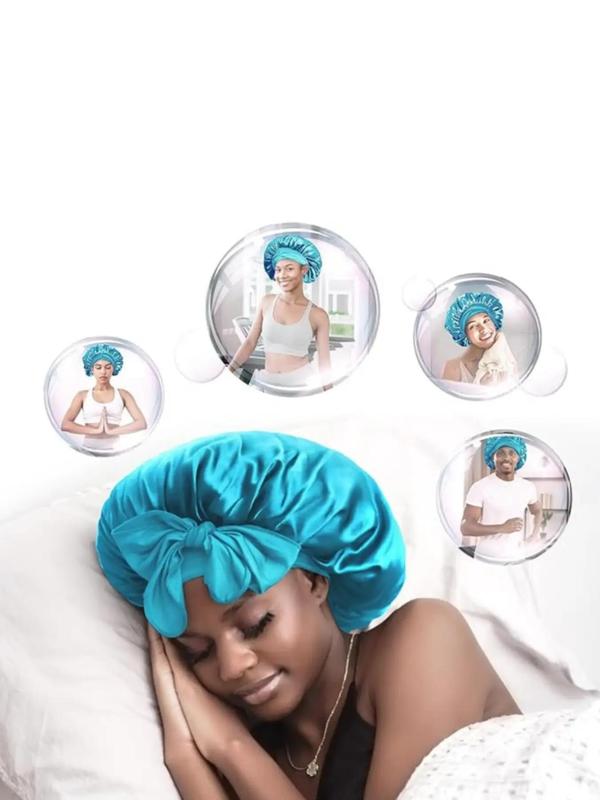 Solid Color Satin Bonnet, Soft Satin Bonnet with Tie Band, Sleeping Bonnet for Women & Girls Sleeping, Shower, SPA Used