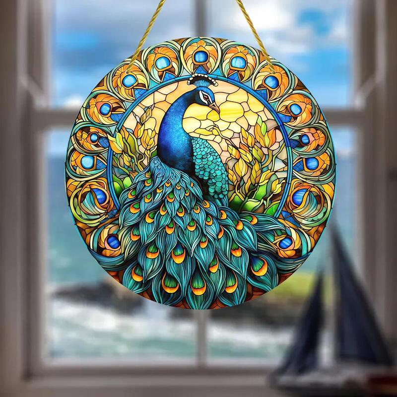 Peacock Pattern Hanging Decoration, Round Acrylic Hanging Ornament, Hanging Door Sign for Home Garden Yard, Spring Decorations for Home